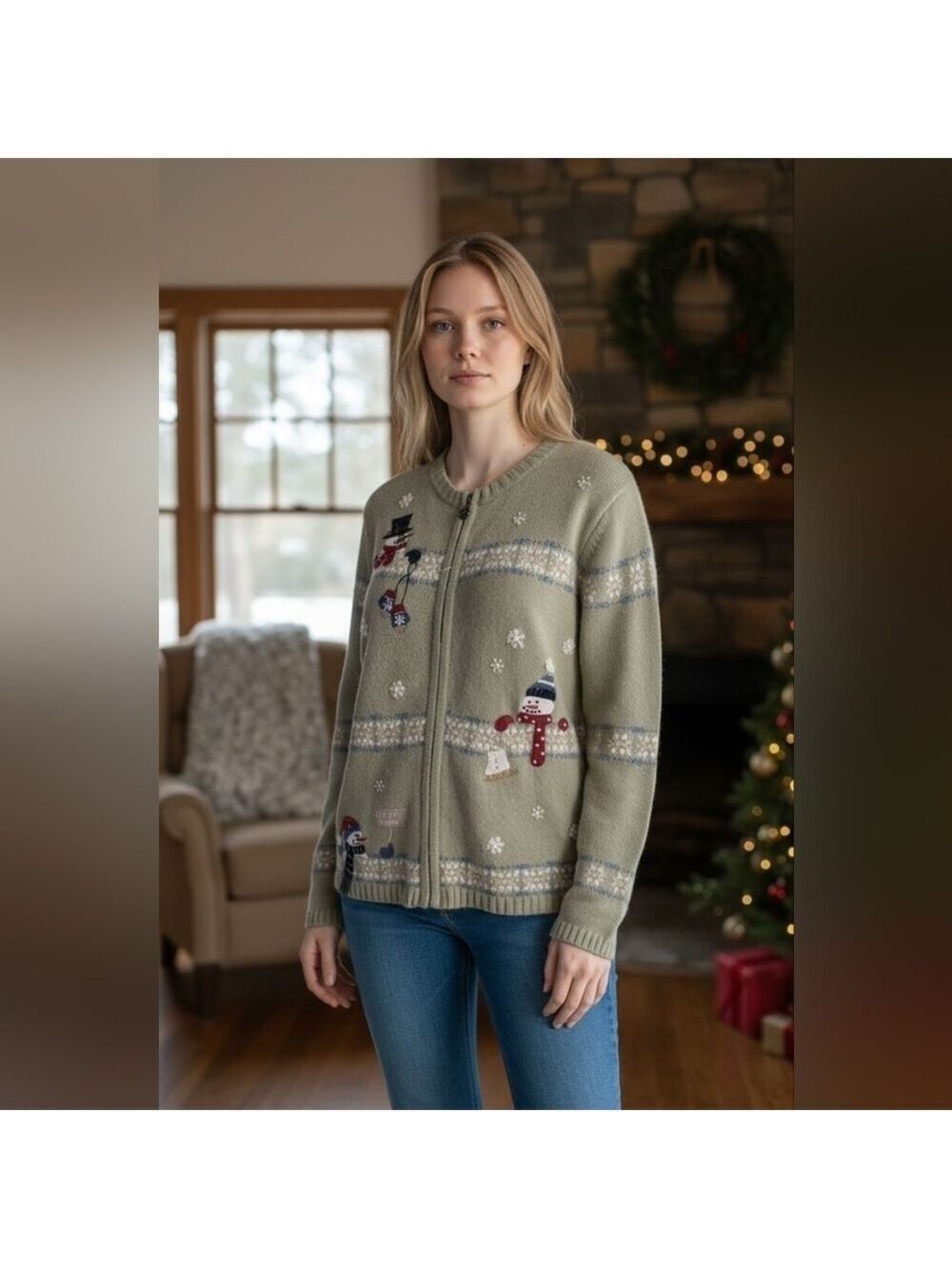Croft & Barrow Festive Green Cardigan with Snowman Christmas Grandma Hoilday